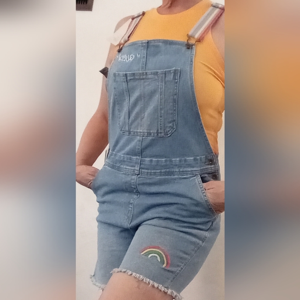 Take Pride Adult Gender Rainbow Denim Shortalls Jumpsuit Large Denim Overalls￼